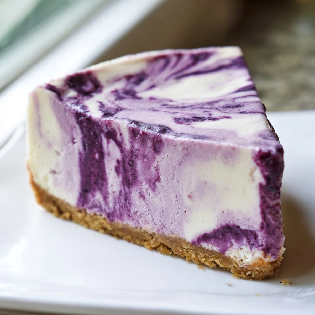Blackberry Bliss Cheesecake with vibrant purple swirls on golden graham cracker crust