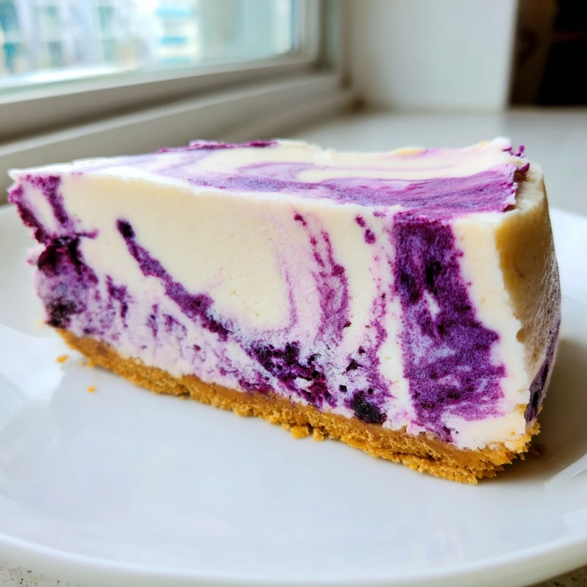 Slice of velvety Blackberry Bliss Cheesecake showing marbled fruit compote layers