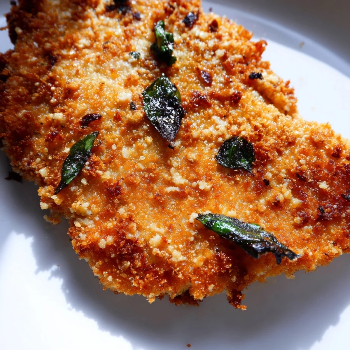 Golden brown Parmesan basil chicken cutlets served on a white plate with fresh basil garnish