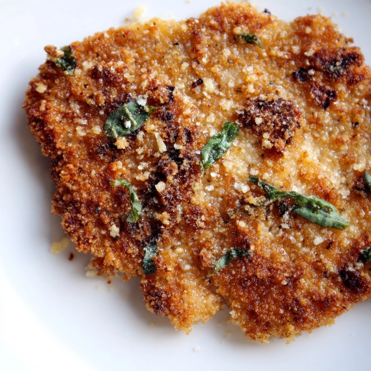 Crispy pan-fried chicken cutlets coated in Parmesan and basil breading with lemon wedge garnish