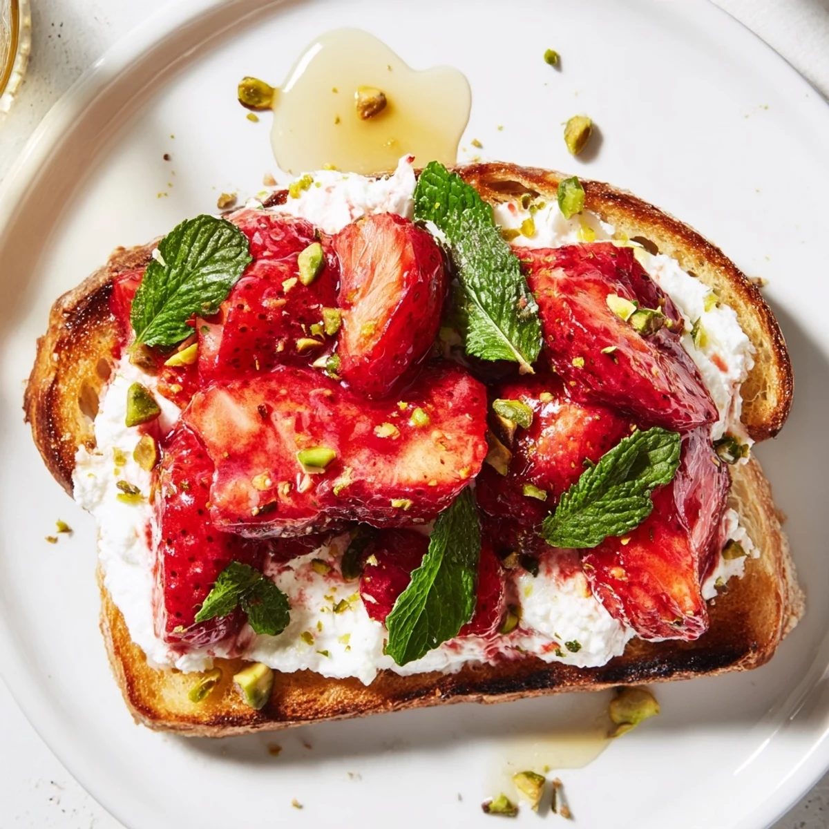Golden brown toast topped with fluffy whipped ricotta and sweet roasted strawberries drizzled with honey