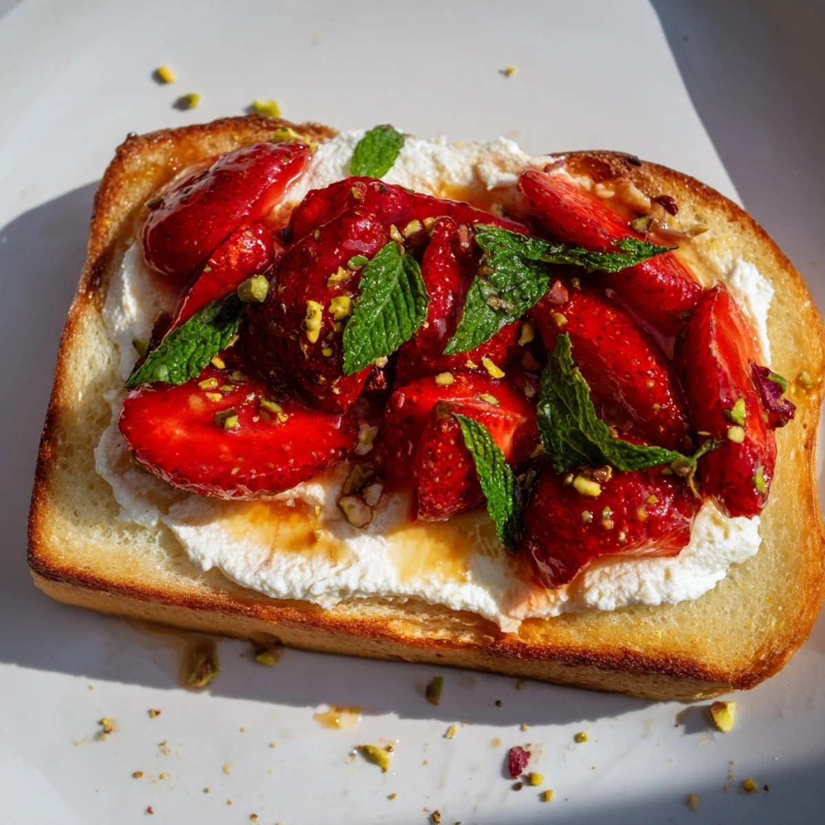 Artisan sourdough piled high with creamy lemon ricotta and juicy roasted strawberry halves