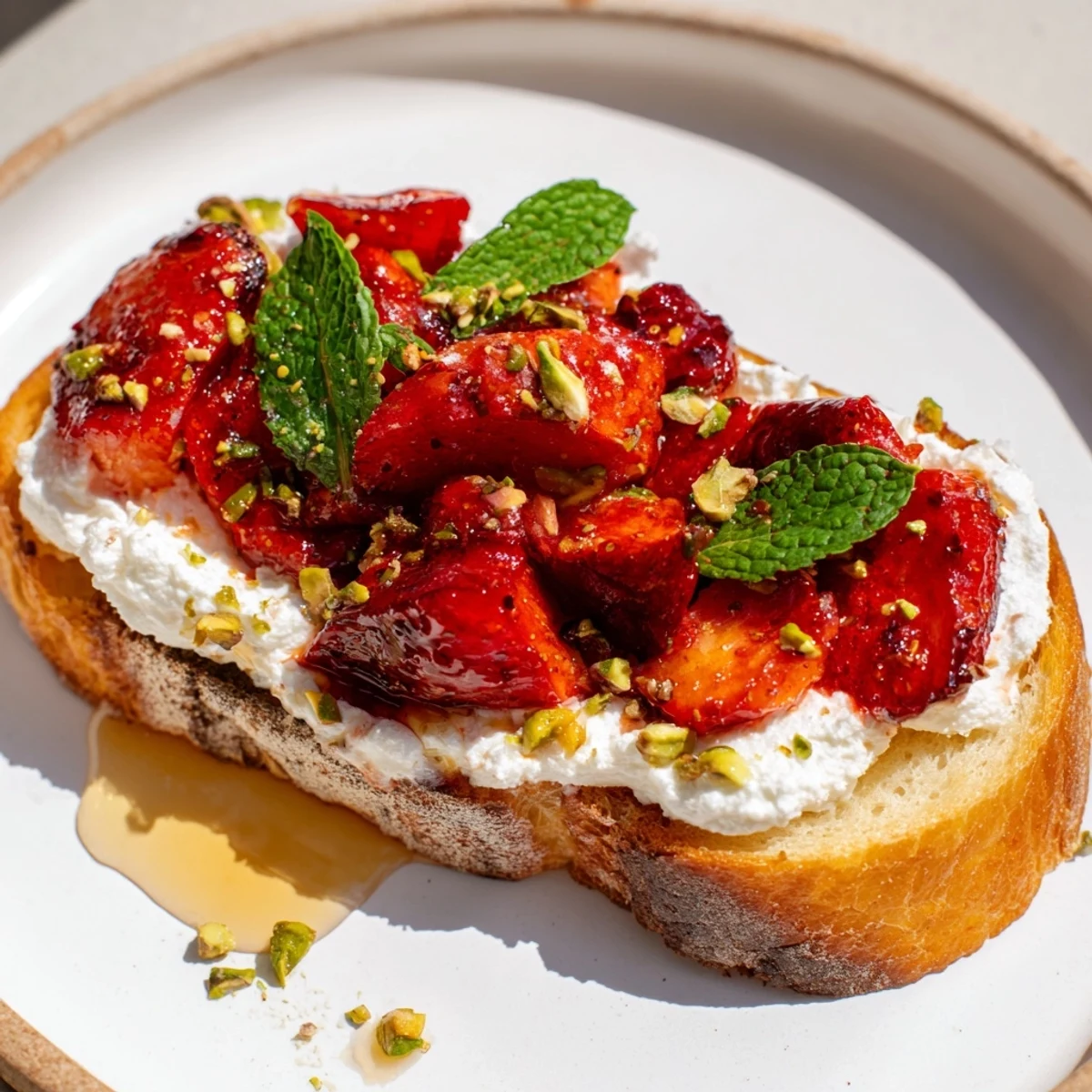 Brunch plate featuring roasted strawberry whipped ricotta toast garnished with fresh mint and crushed pistachios