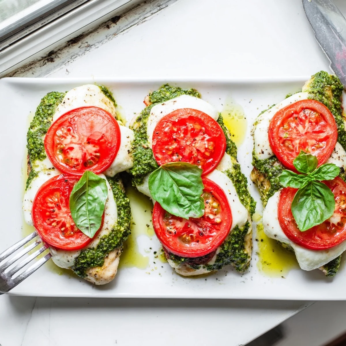 Golden baked pesto caprese chicken topped with melted mozzarella and fresh tomato slices