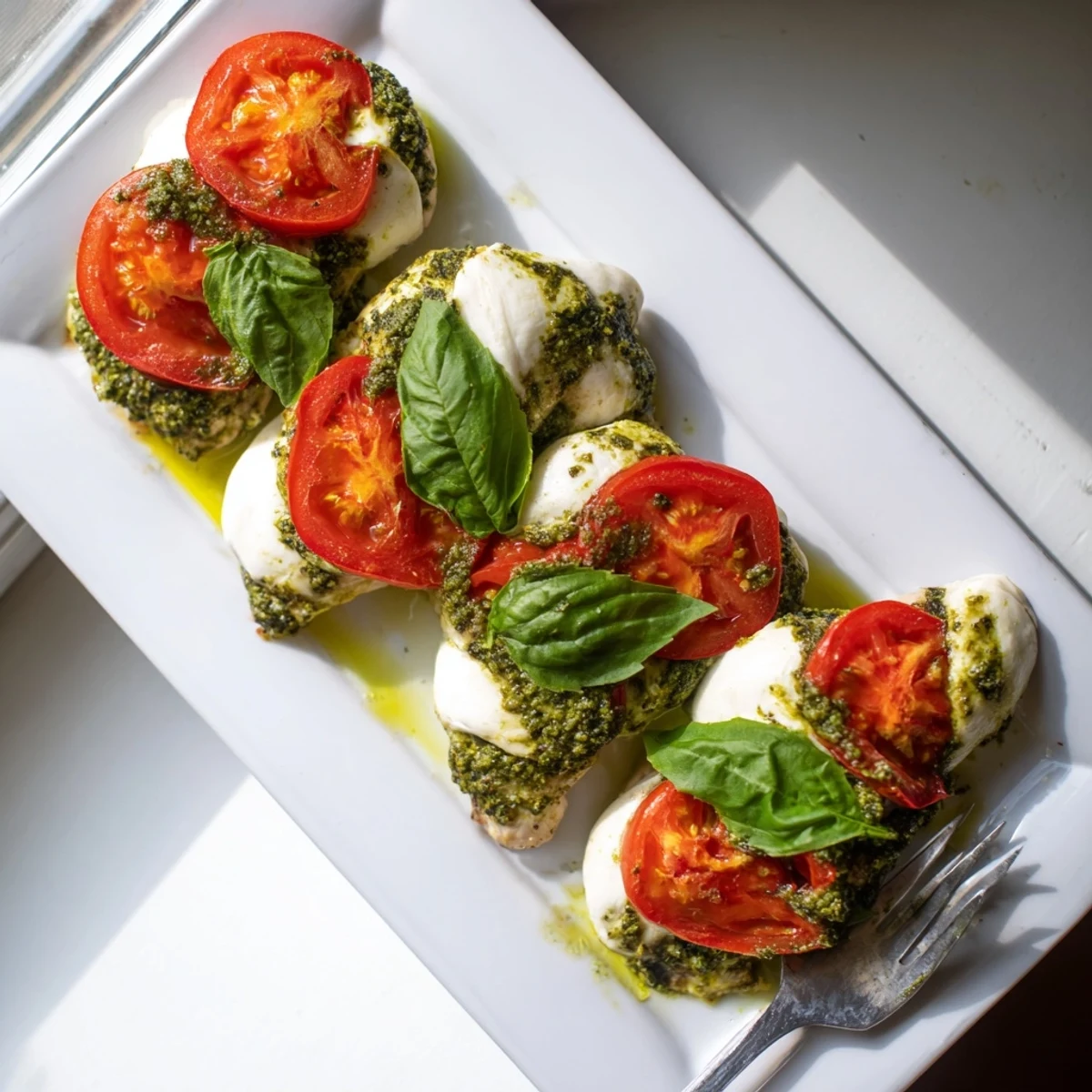 Juicy chicken breasts layered with vibrant pesto sauce and bubbly Italian cheese