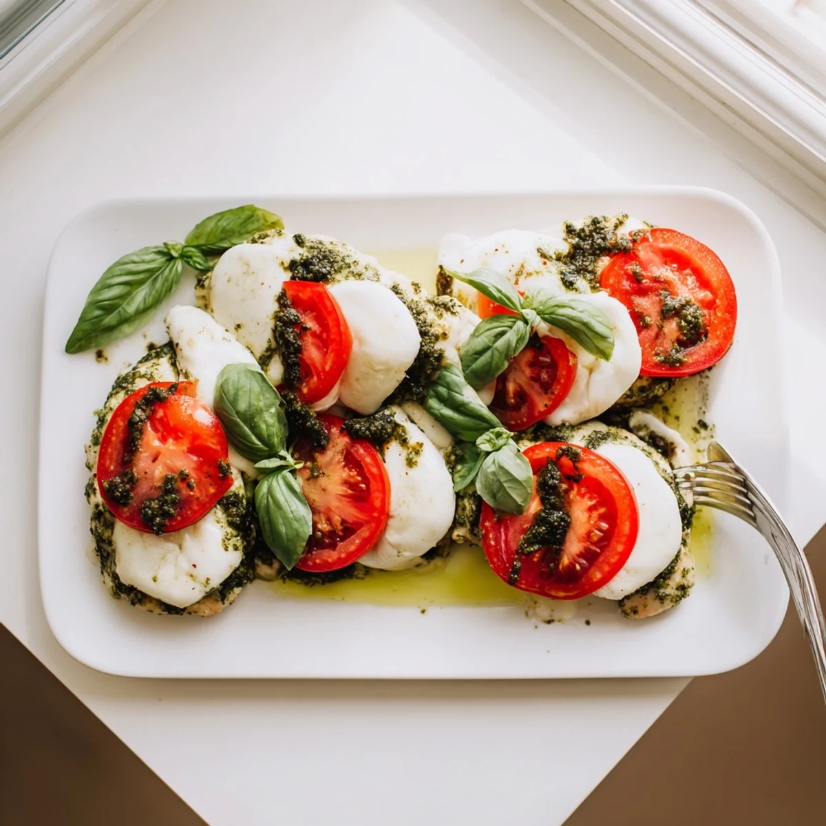 Italian-inspired baked pesto caprese chicken drizzled with olive oil and garnished with basil