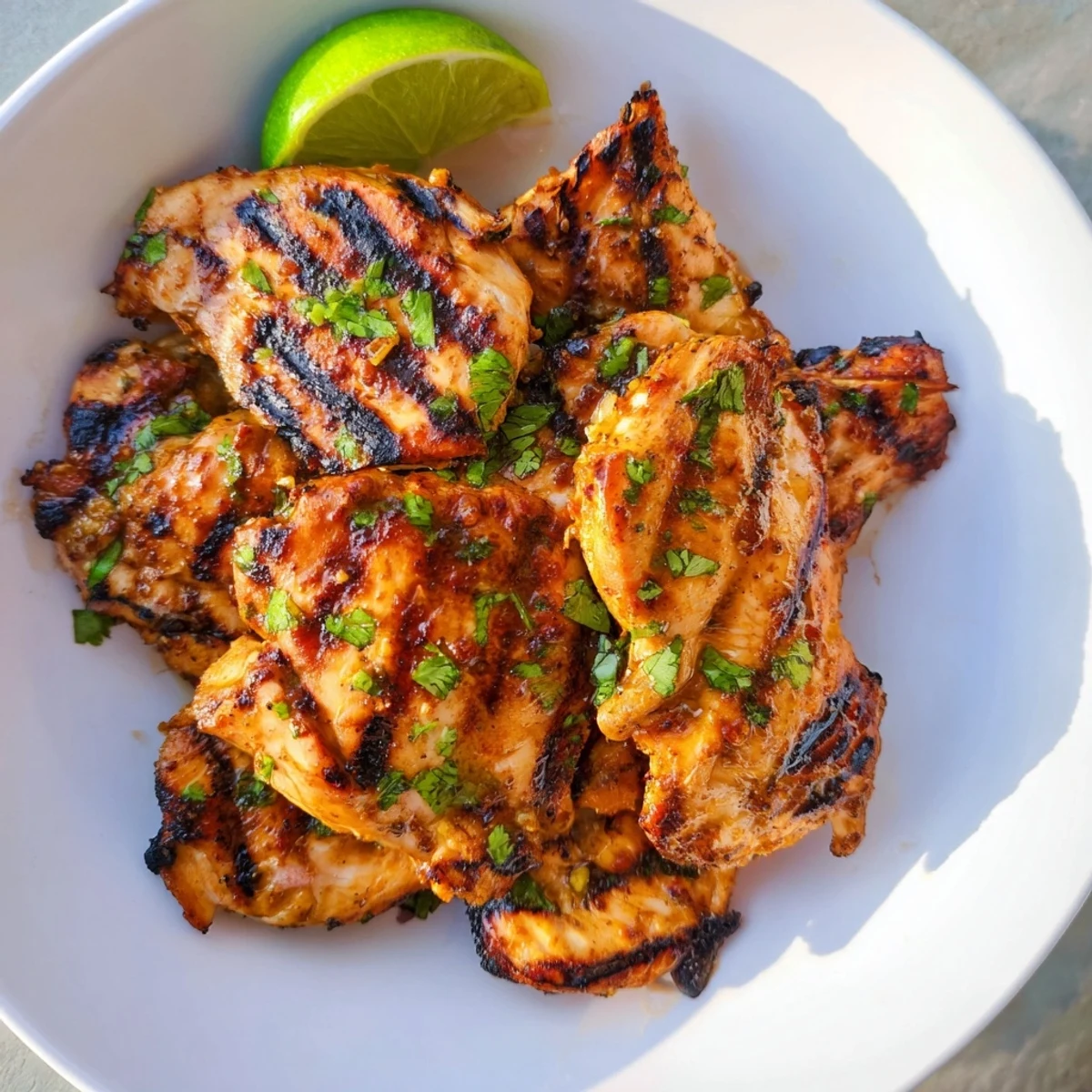 Golden brown Key West grilled chicken breasts garnished with fresh cilantro and lime wedges