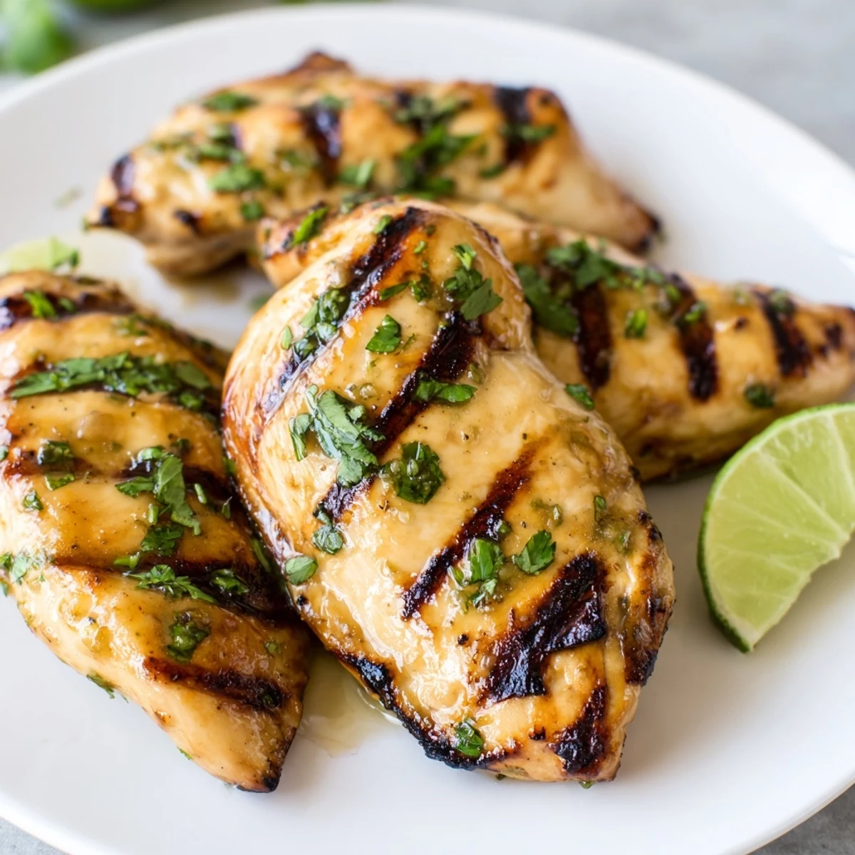 Citrus-marinated Key West grilled chicken on a white plate with vibrant green herbs