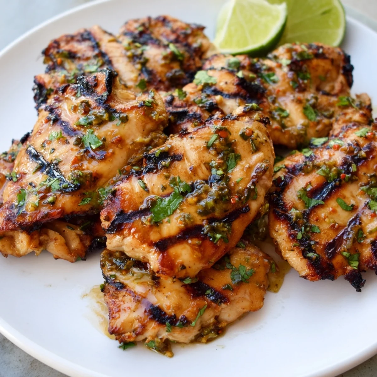 Juicy Key West grilled chicken with charred grill marks and zesty lime garnish