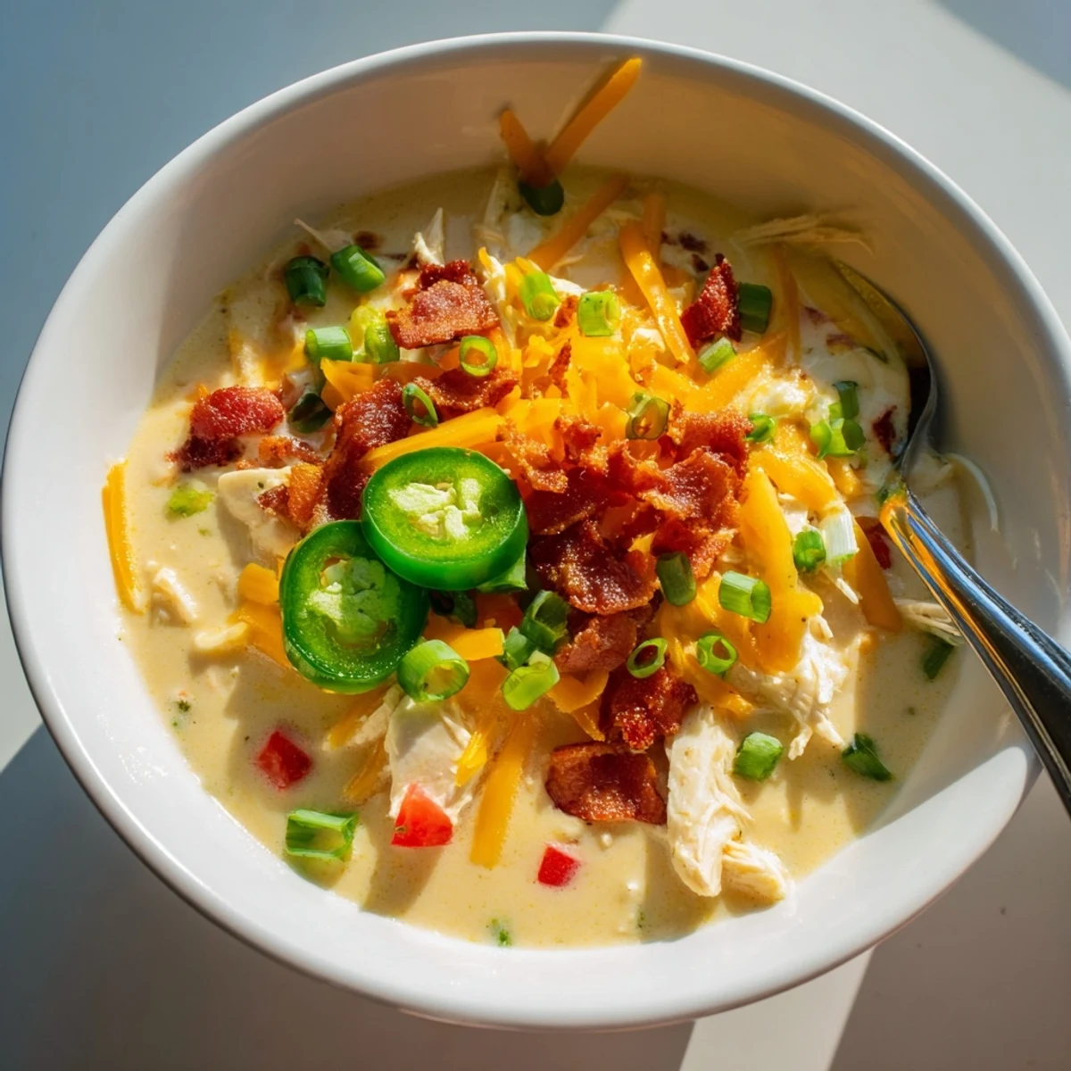 Creamy white Spicy Jalapeno Popper Chicken Soup topped with crumbled bacon and green onions in a white bowl
