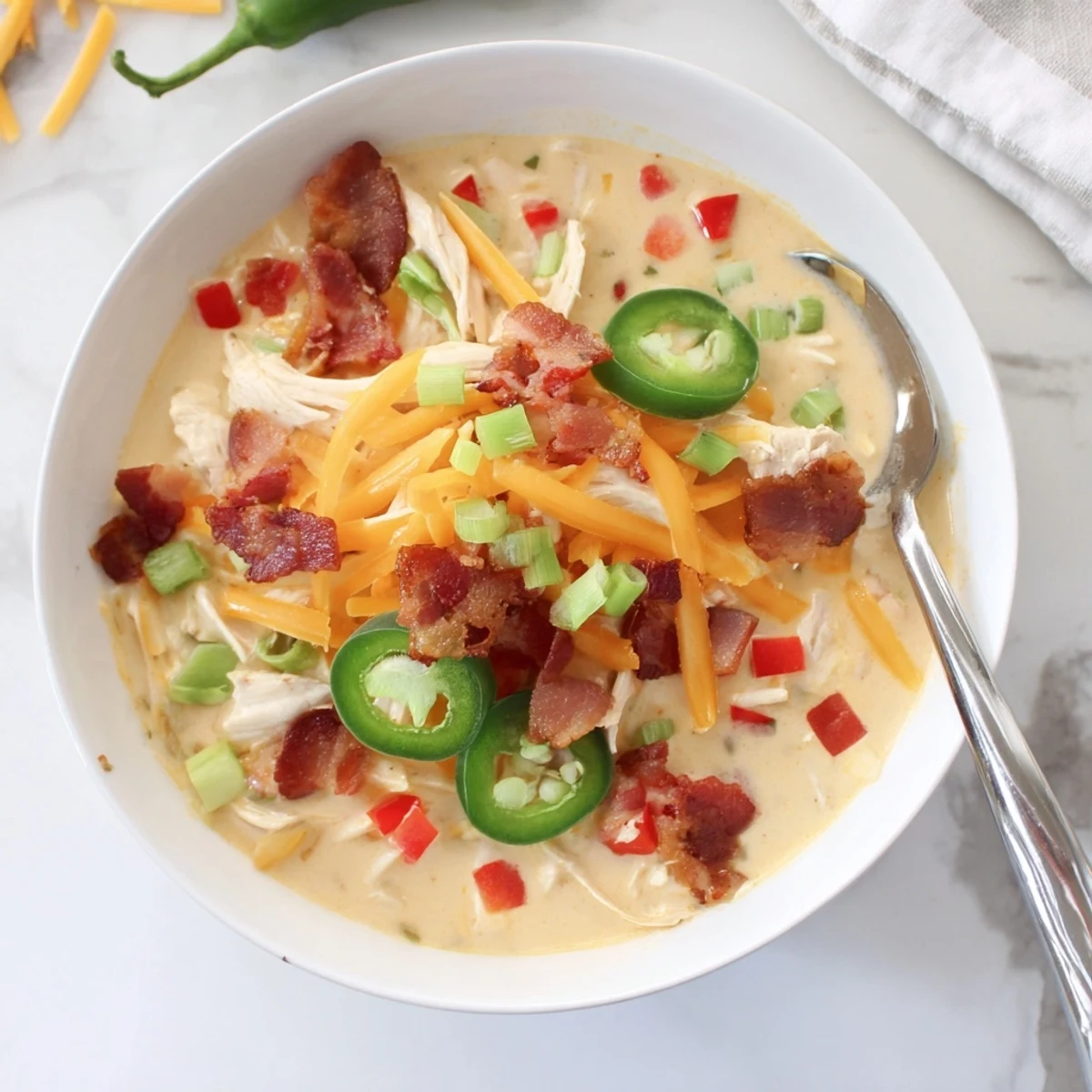 Rich and velvety Spicy Jalapeno Popper Chicken Soup served with extra shredded cheese and bacon bits