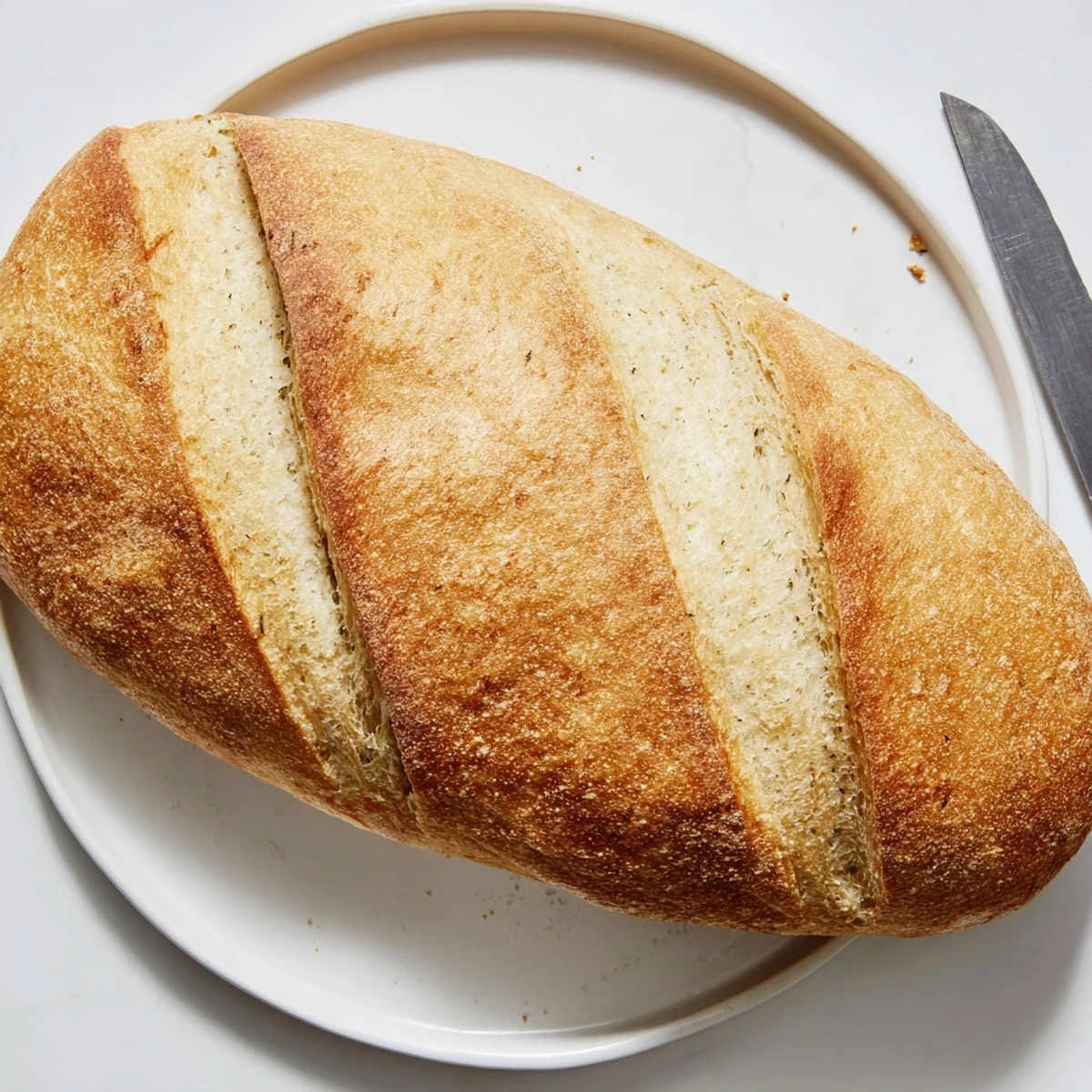 Freshly baked crusty Italian bread sliced on wooden board ready for sandwiches or bruschetta