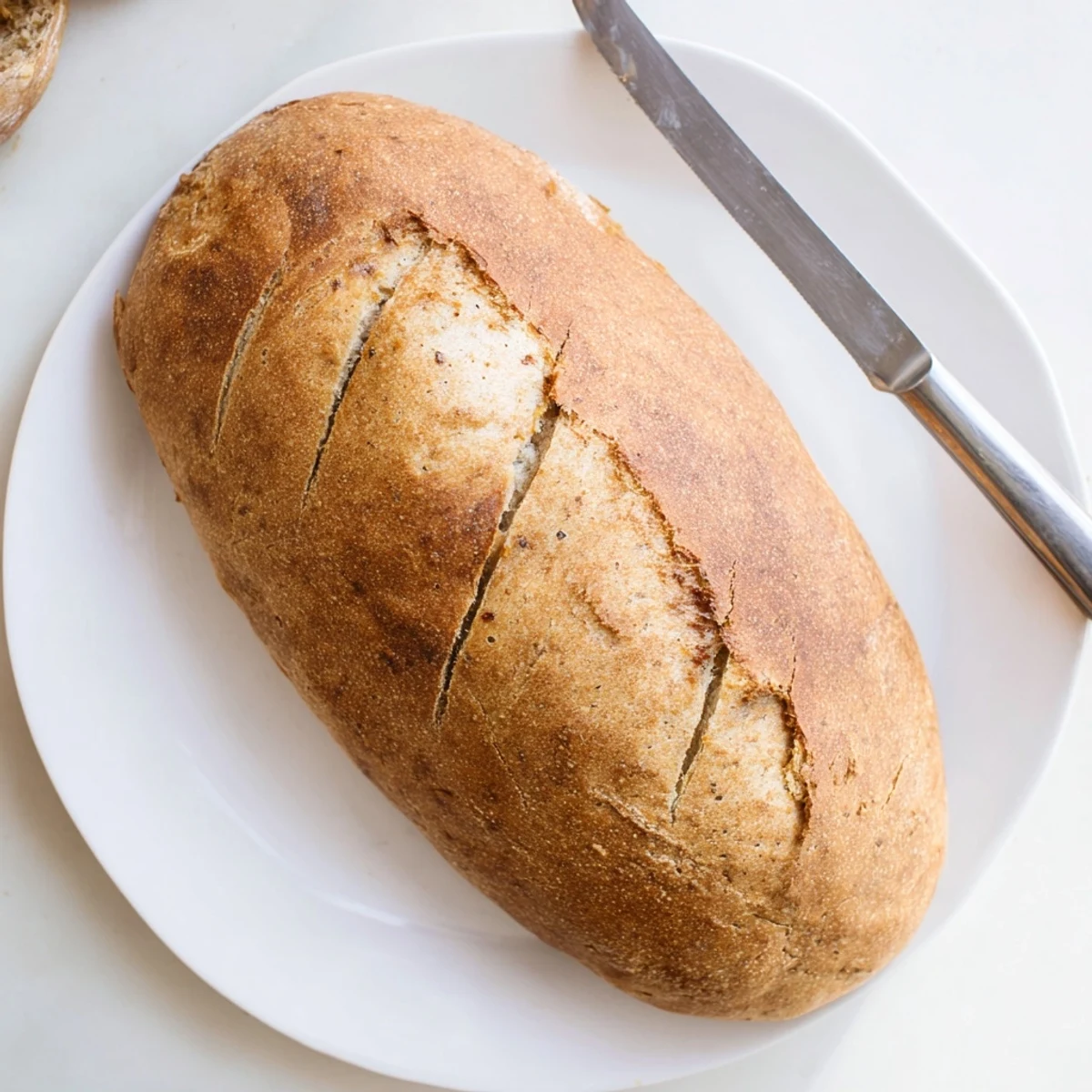 Homemade crusty Italian bread with golden brown crust slashed top and soft airy crumb