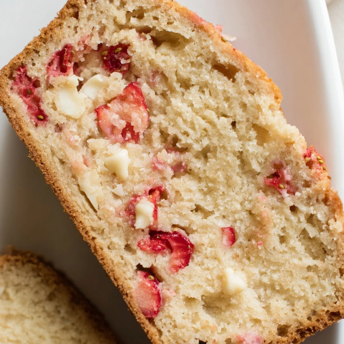 Freshly baked strawberry bread with melted white chocolate chips on a rustic wooden cutting board