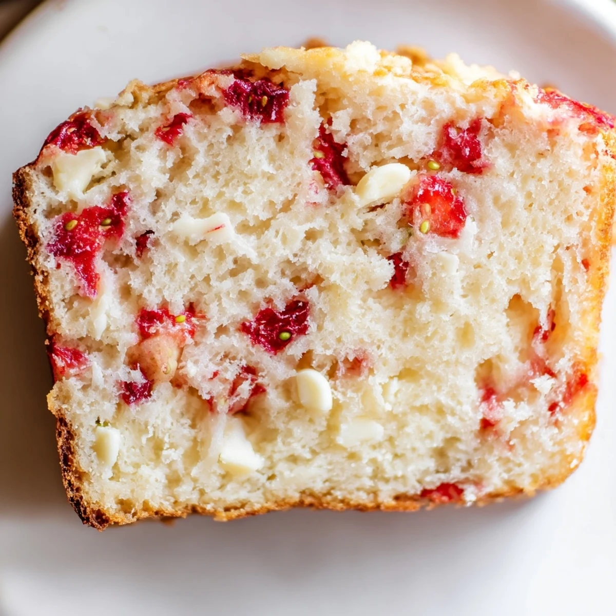 Sliced sourdough white chocolate chips strawberry bread revealing tender crumb and chunks of sweet fruit