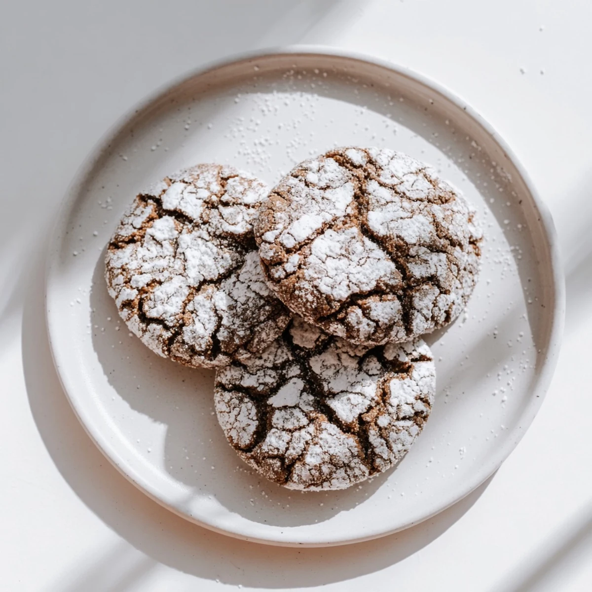 Soft gingerbread crinkle cookies with cracked powdered sugar coating on a white plate