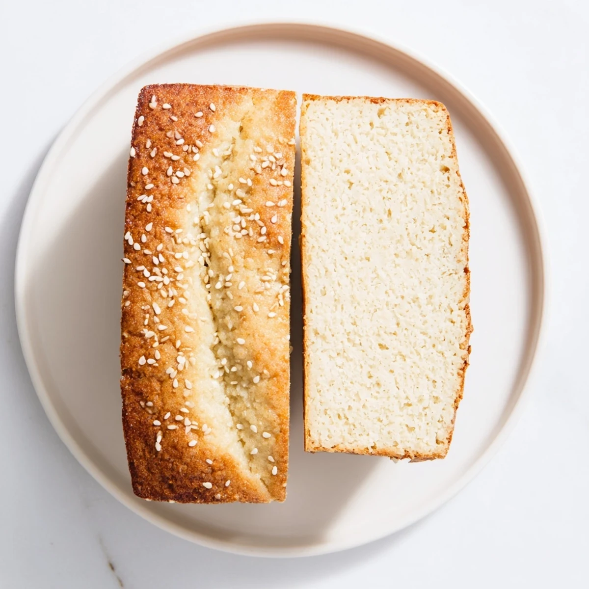 Golden brown zero carb yogurt bread loaf sliced on wooden board with melted butter