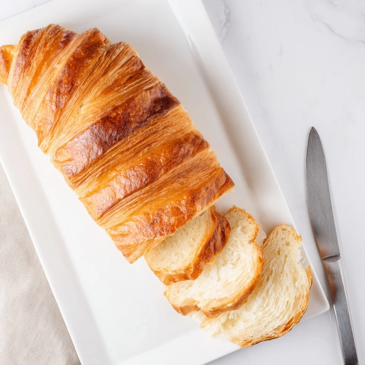 Golden homemade croissant bread loaf with flaky layers and glossy egg-washed crust