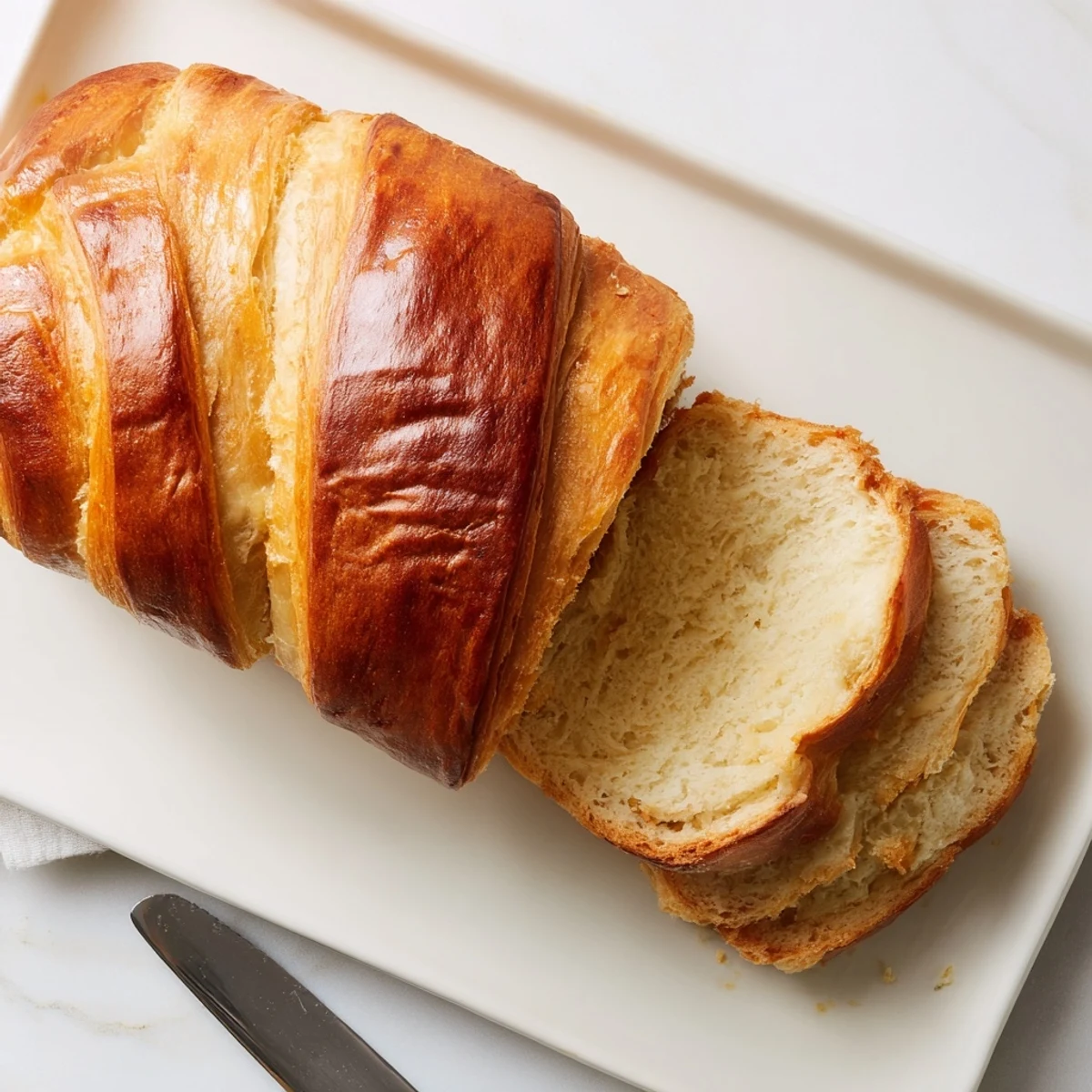 Sliced homemade croissant bread revealing buttery honeycomb layers perfect for breakfast toast