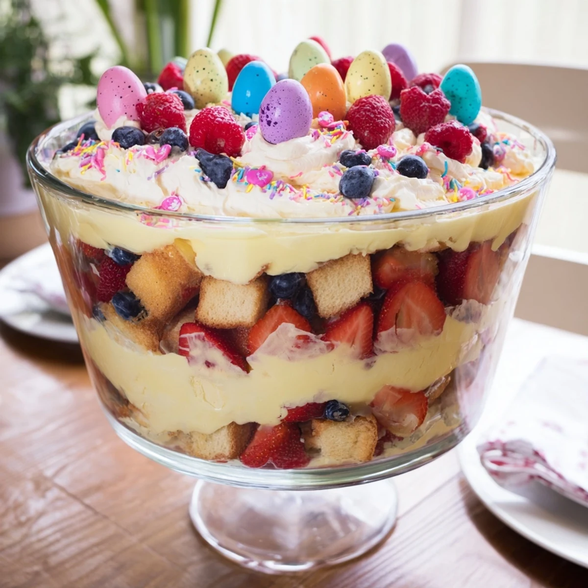 Glass trifle bowl displaying Easter trifle dessert with layered sponge cake custard berries and whipped cream