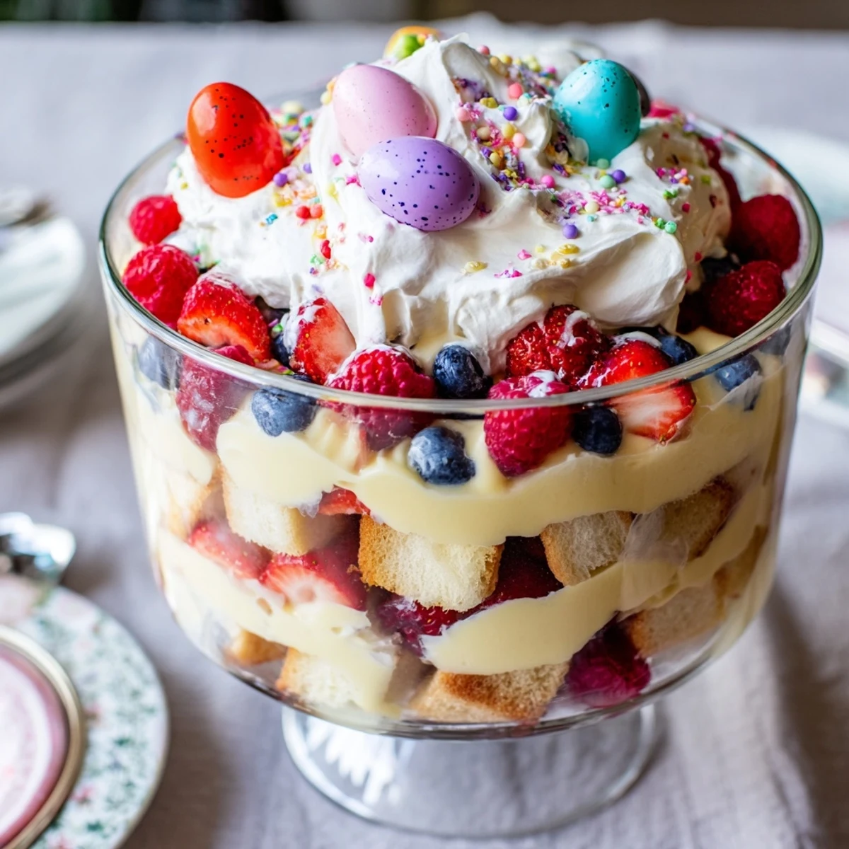 Creamy Easter trifle dessert showing golden custard and red strawberries layered with fluffy white whipped cream