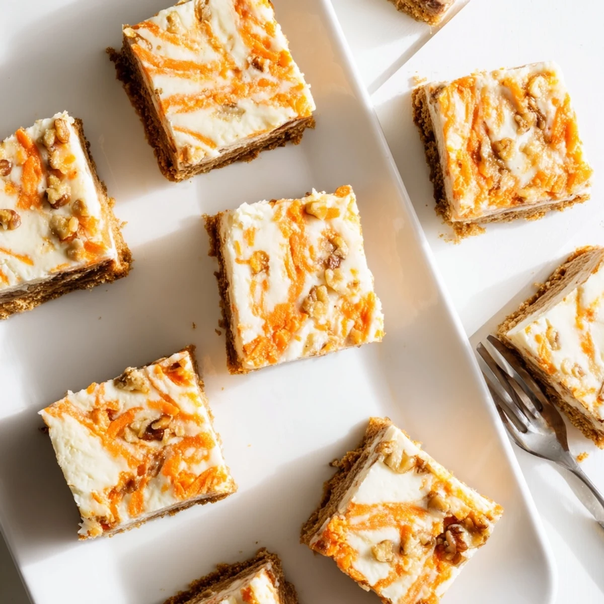 Golden carrot cake batter swirled with creamy cheesecake layer in a marbled baking pan