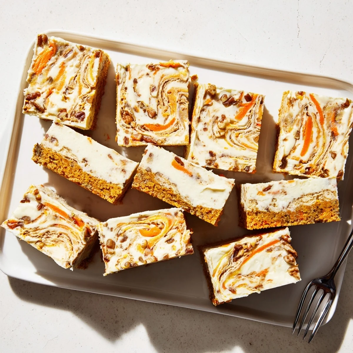 Moist carrot cake bars topped with rich cream cheese swirls and grated carrot specks