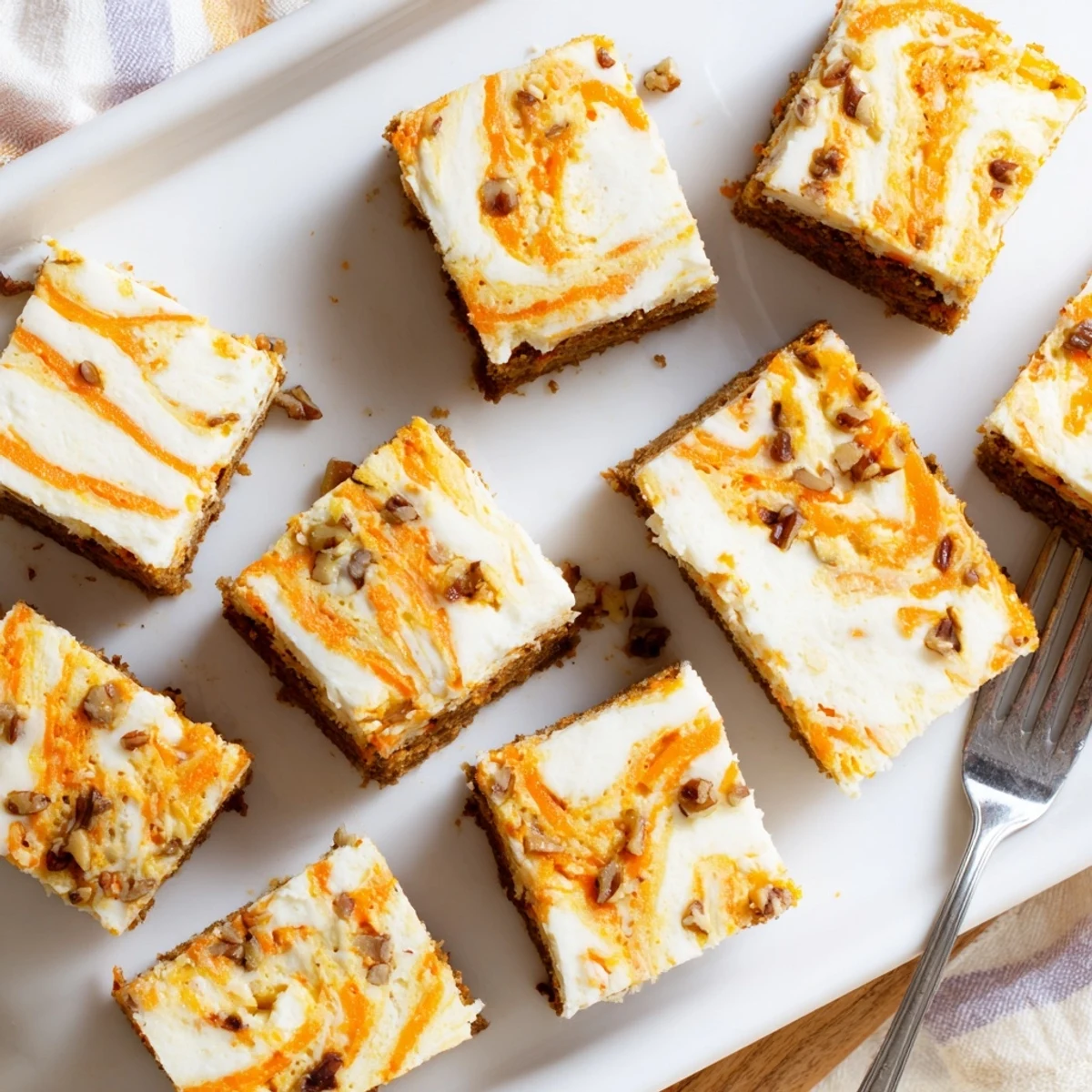 Slice of carrot cake cream cheese bar showing swirled layers on a white dessert plate