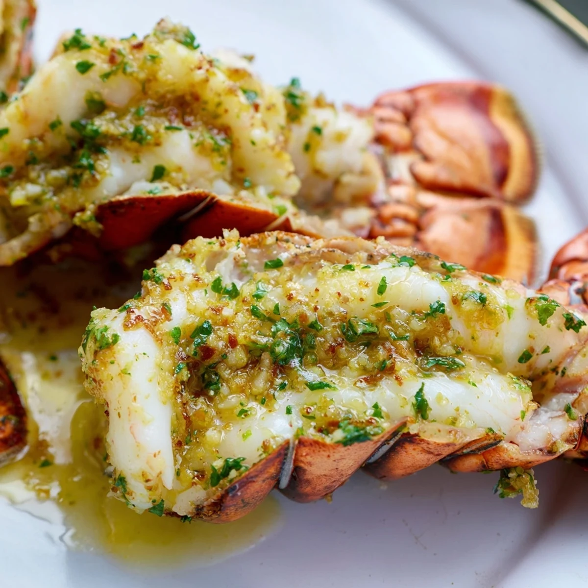 Golden baked garlic butter lobster tails glistening with rich melted butter and fresh parsley on a white serving platter