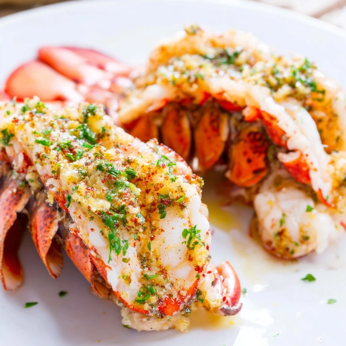 Whole lobster tails sizzling in a baking dish topped with garlic herb butter and paprika for an elegant dinner presentation