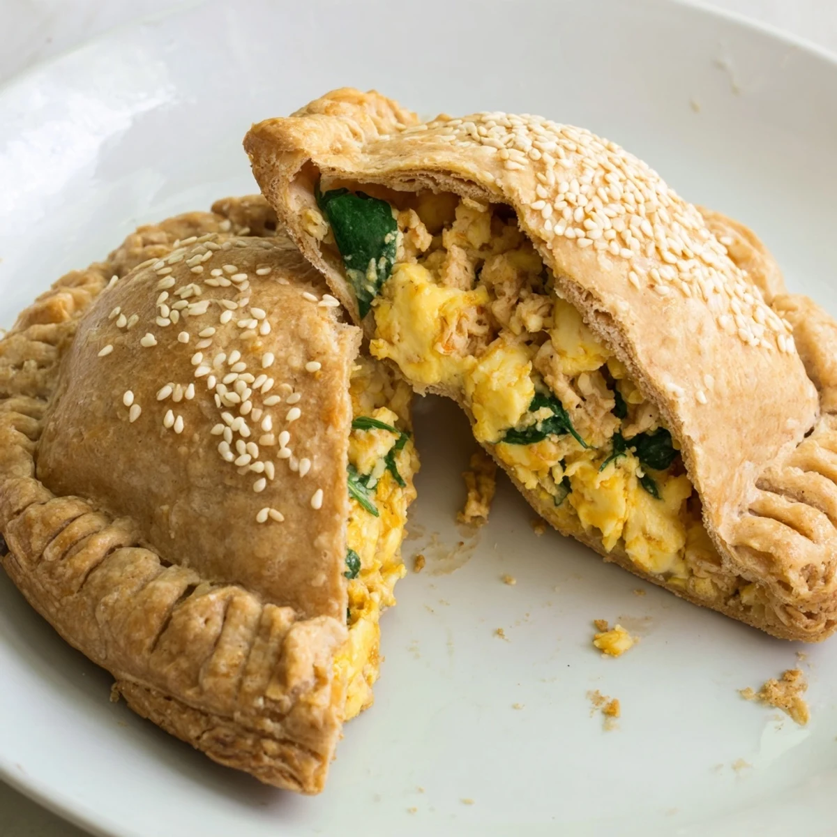 Golden brown high protein breakfast hot pockets filled with scrambled eggs and melted cheese on a white plate