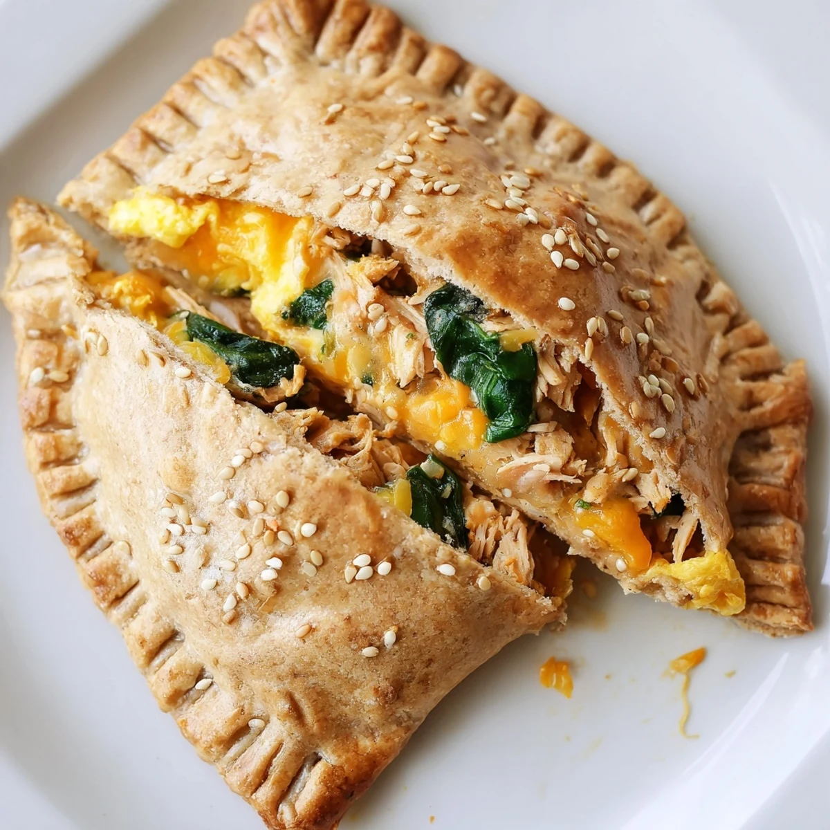 Flaky whole wheat high protein breakfast hot pockets sprinkled with sesame seeds fresh from the oven