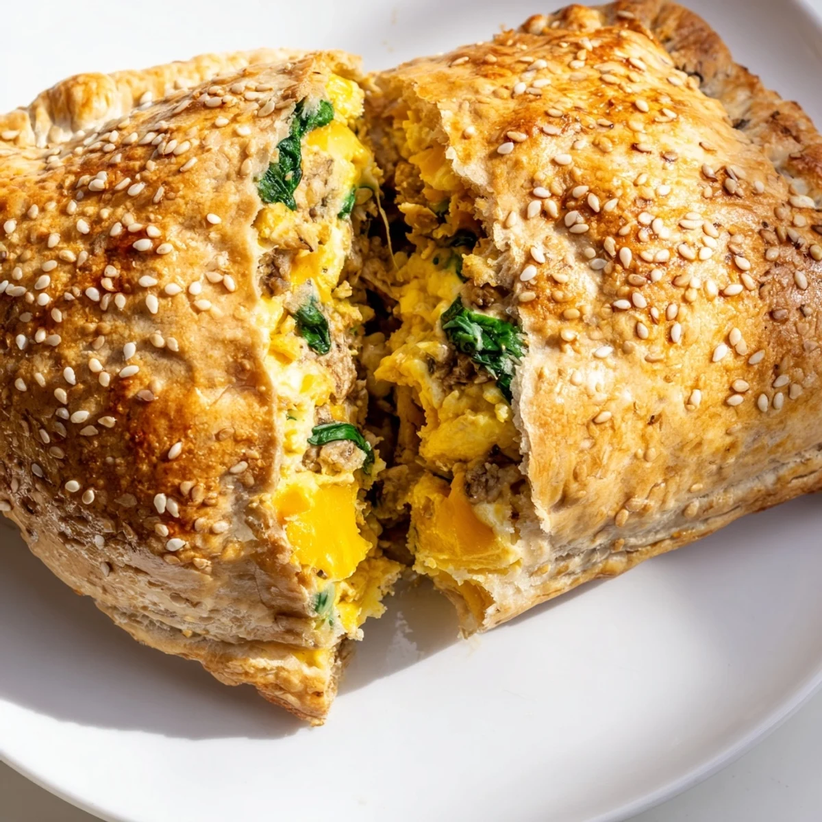 Handheld high protein breakfast hot pockets featuring turkey and spinach filling on a wooden cutting board