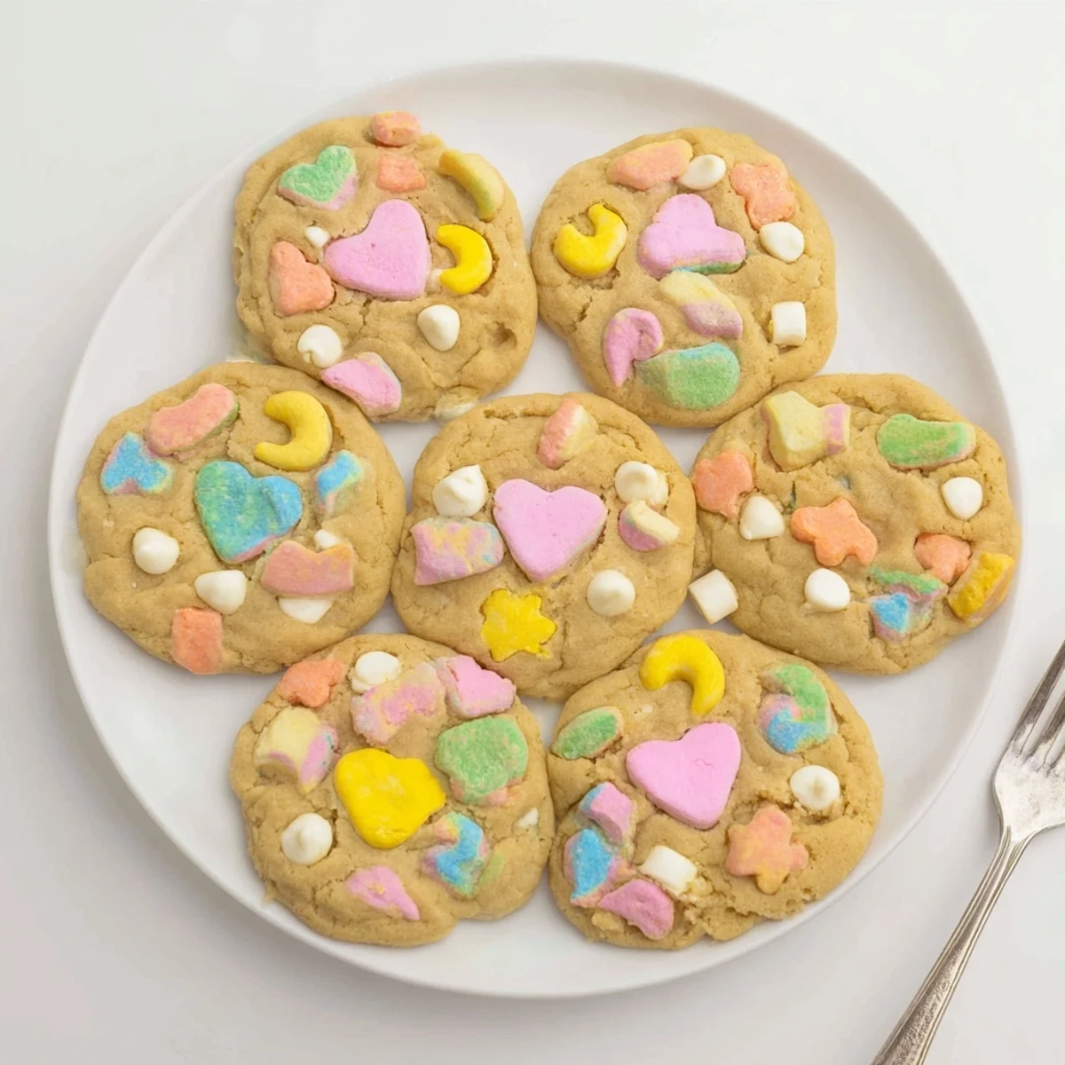 Golden Lucky Charms cookies dotted with colorful pink and green marshmallow bits