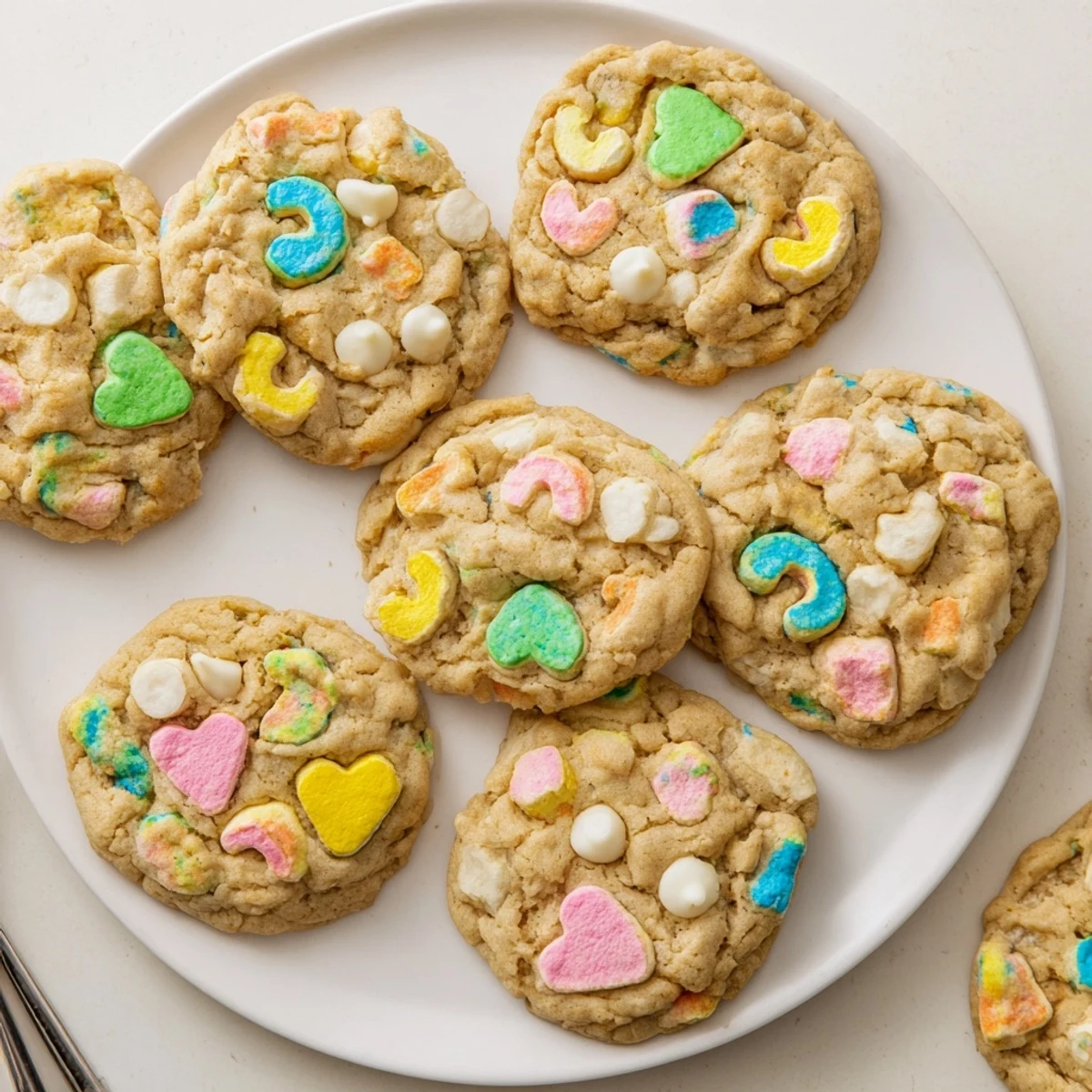 Soft chewy Lucky Charms cookies topped with vibrant rainbow marshmallows on white plate