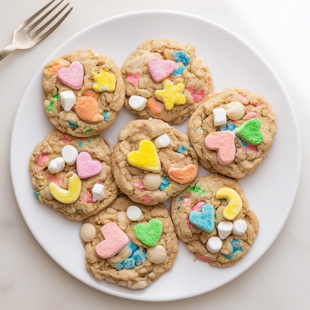 Batch of homemade Lucky Charms cookies with colorful marshmallow pieces baked throughout