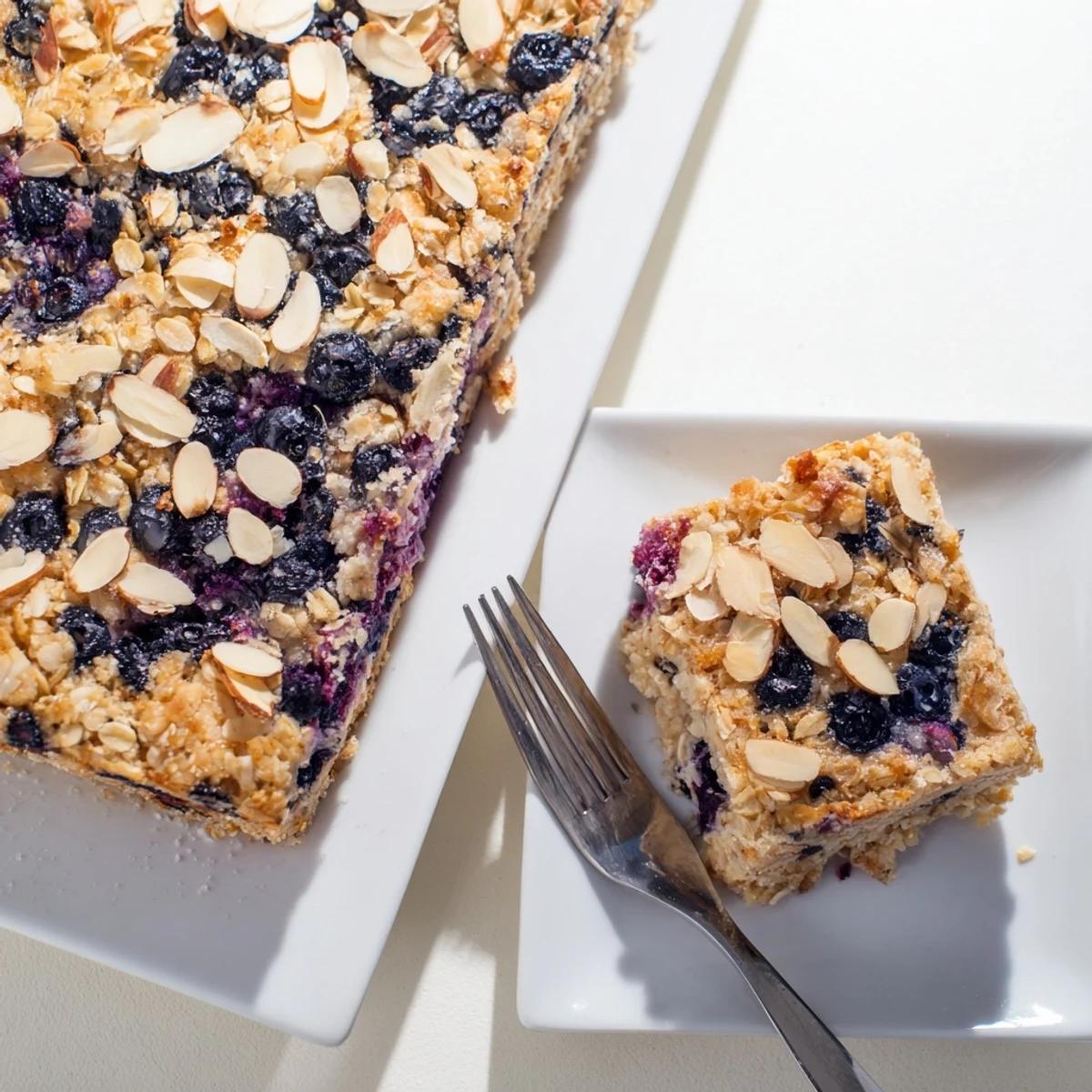 Sliced warm blueberry cottage cheese breakfast bake showing tender oat crumble interior