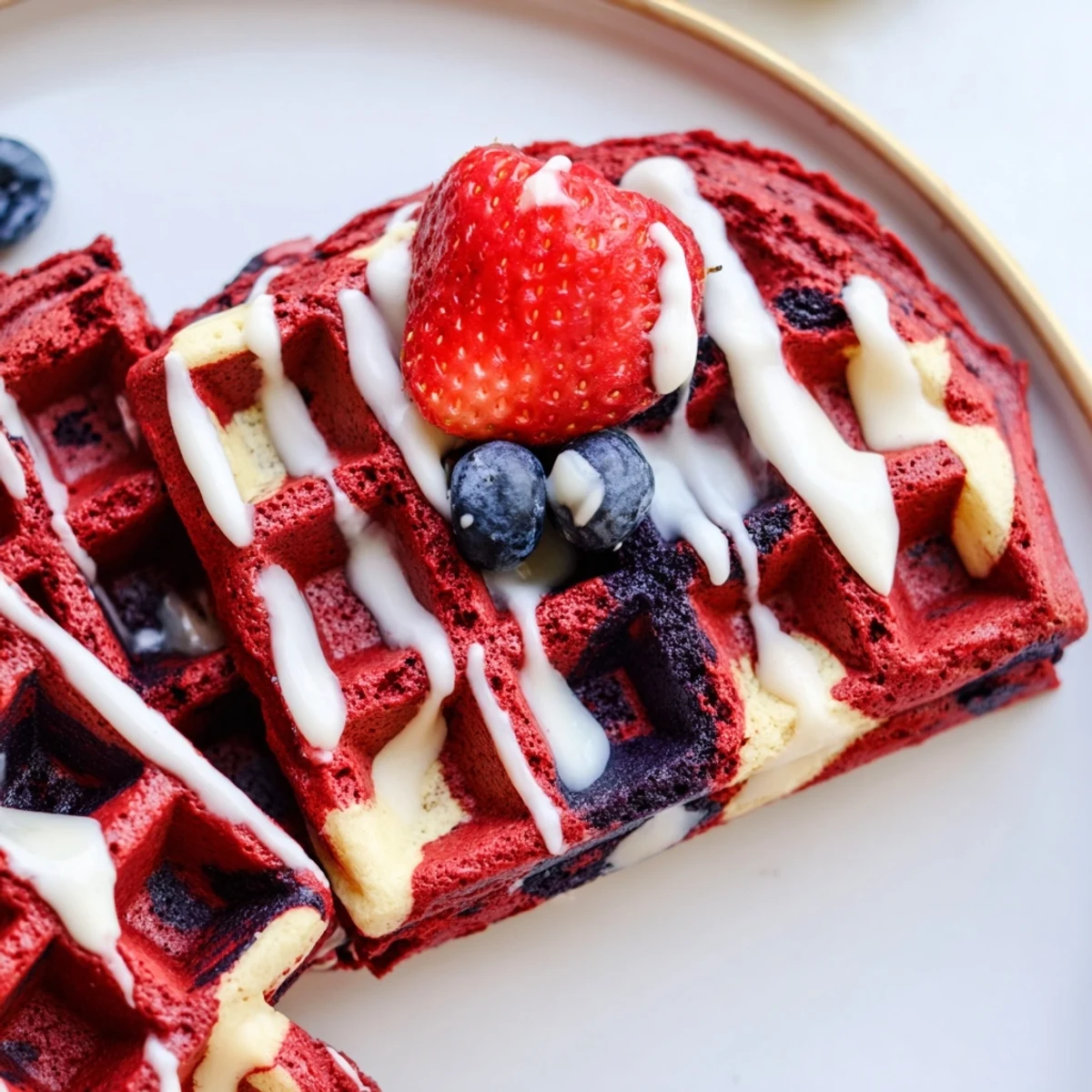 Golden red velvet marble waffles with swirling vanilla patterns and cream cheese glaze topping