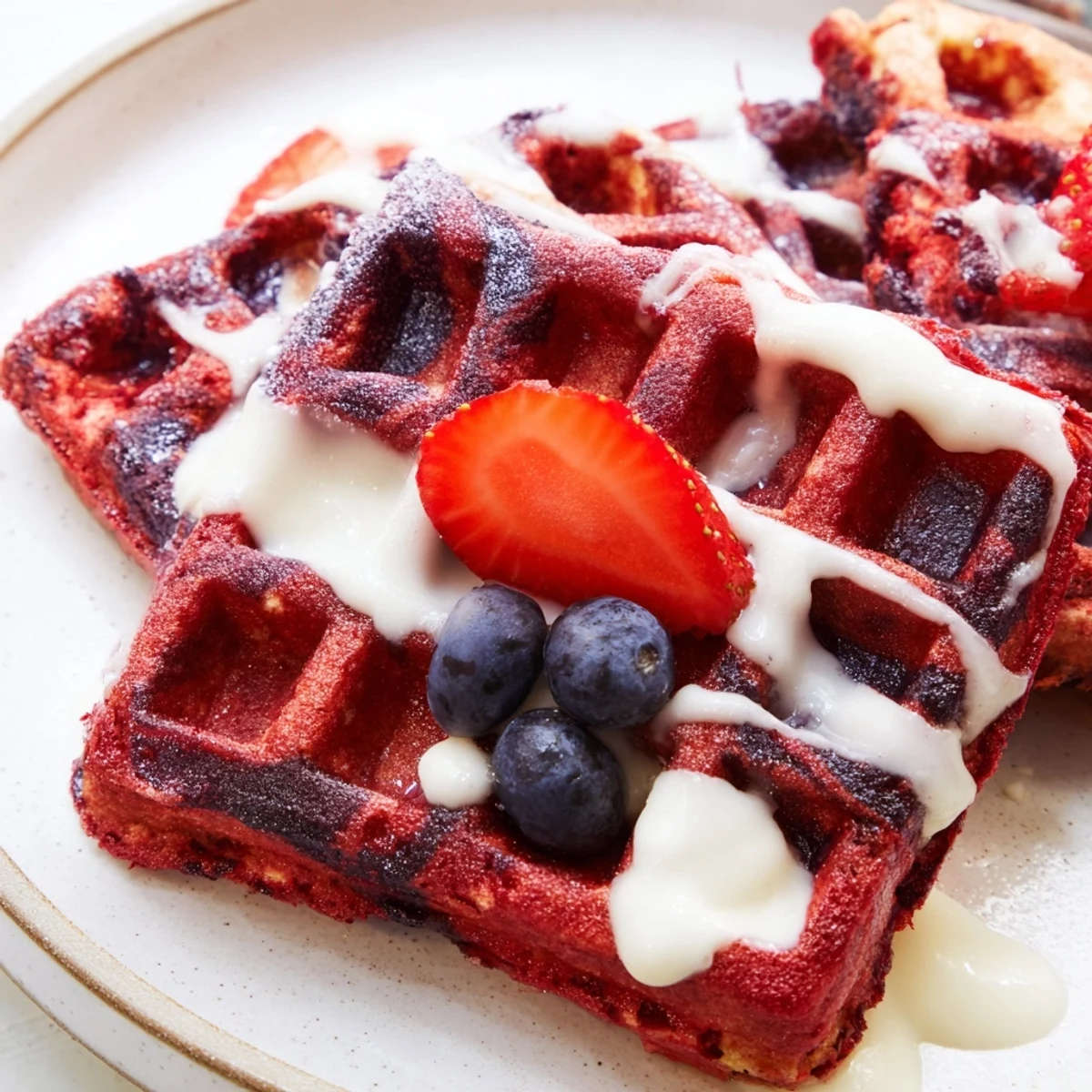 Decadent breakfast waffle featuring red and vanilla marbled batter with powdered sugar dusting