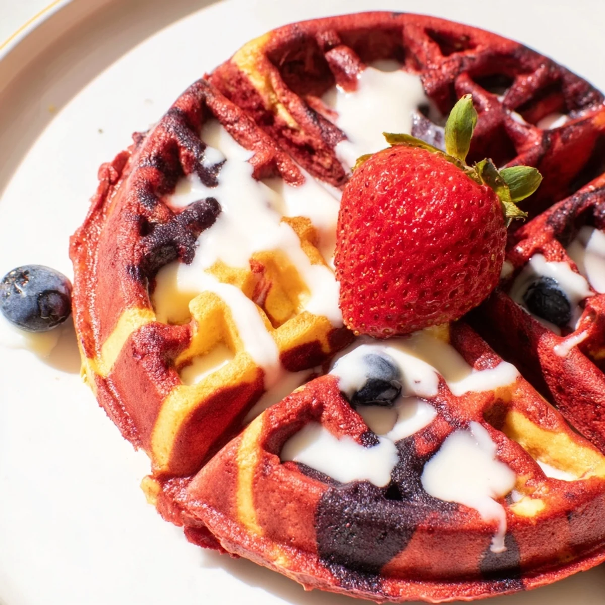 Close-up of crisp red velvet marble waffle drizzled with maple syrup and fresh berries