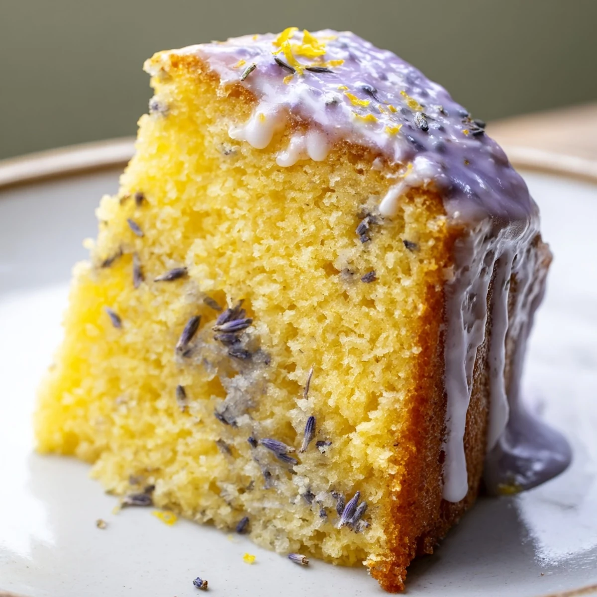 Lavender cake with lemon glaze drizzled over a tender crumb, garnished with purple buds