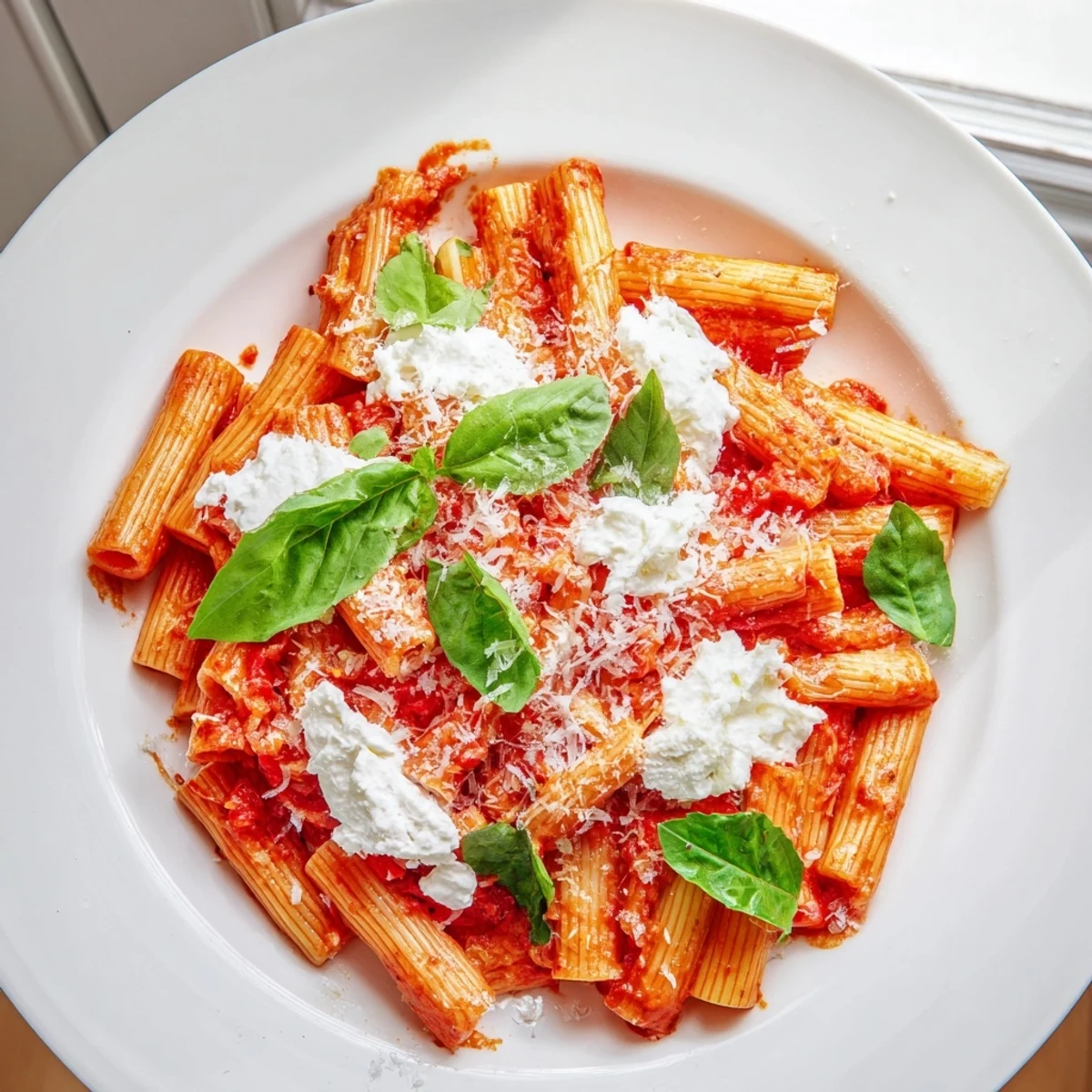 Creamy tomato garlic ricotta penne topped with fresh basil and Parmesan cheese