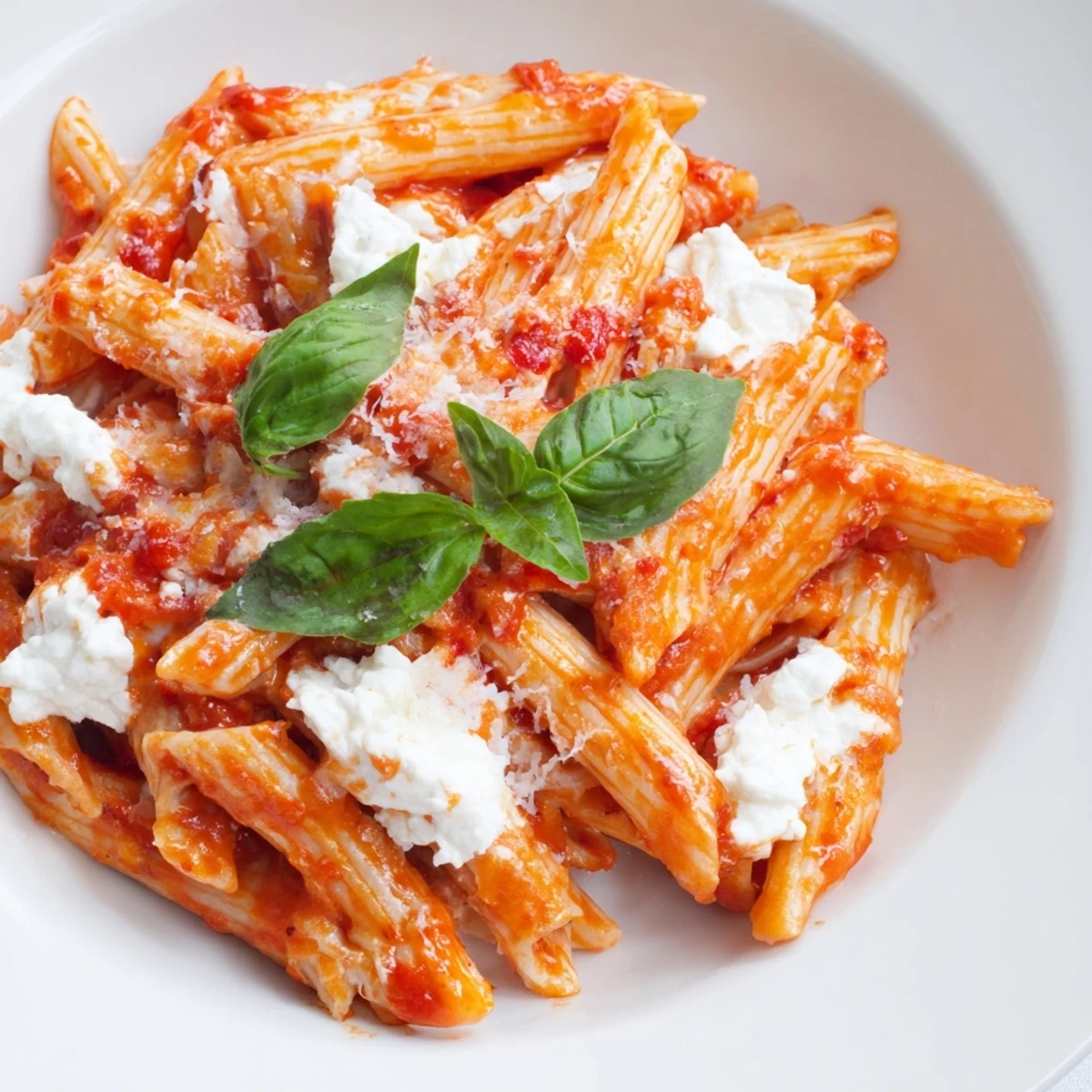 Tomato garlic ricotta penne in vibrant red sauce with pillowy ricotta swirls