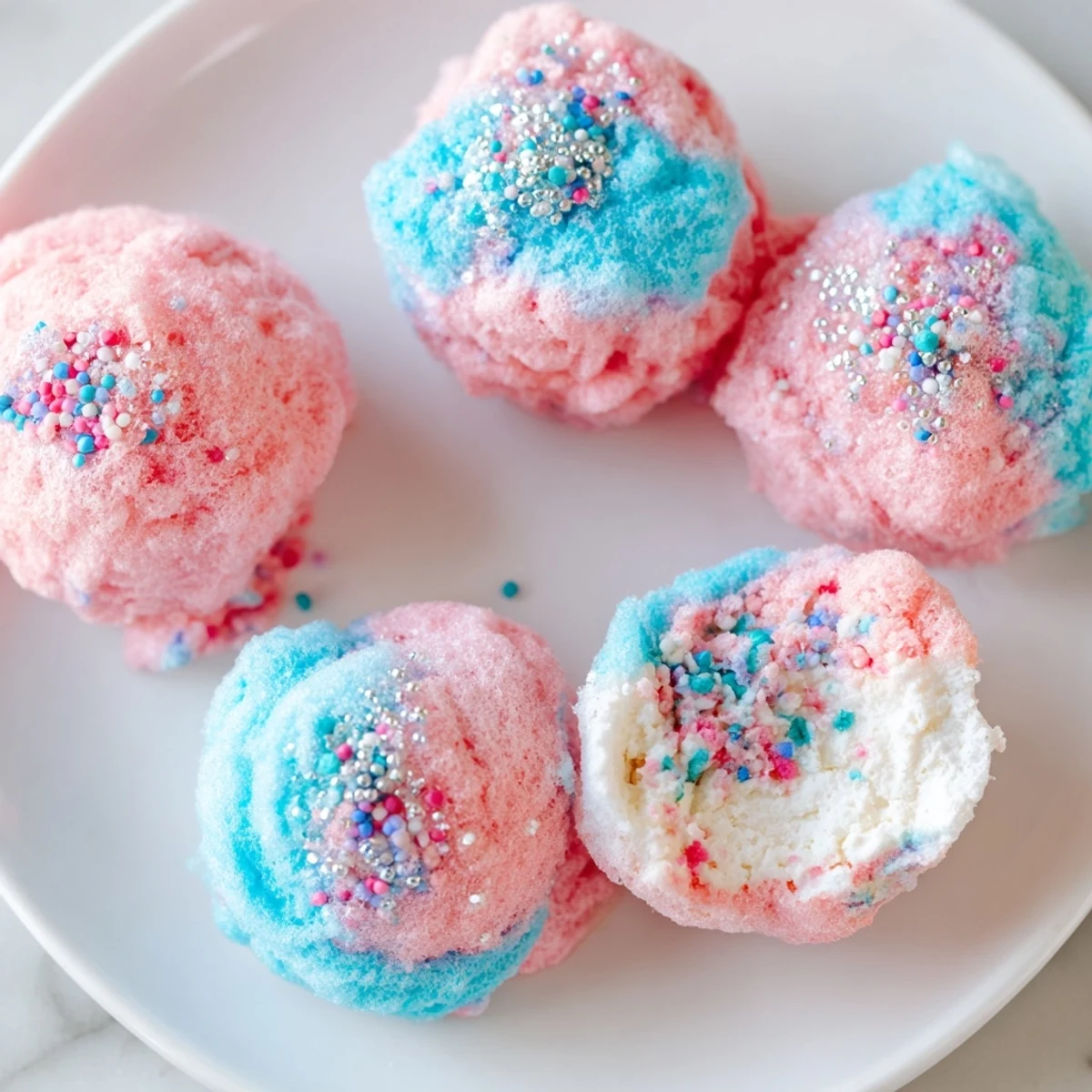 Mini Cotton Candy Cheesecake Puff Balls with fluffy pastel coating on a white serving plate