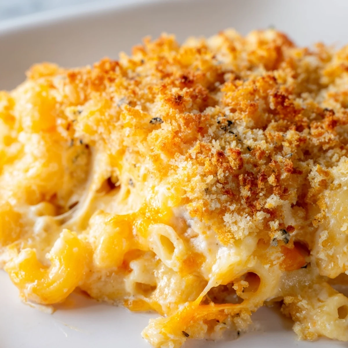 Creamy three cheese baked macaroni with golden crispy panko topping bubbling hot