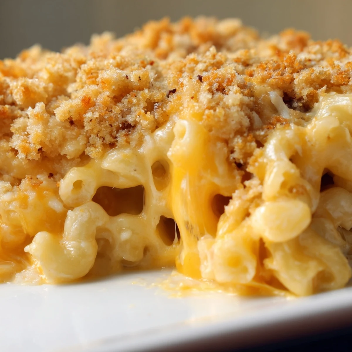 Three cheese baked macaroni in white ceramic dish with melted cheese pulls