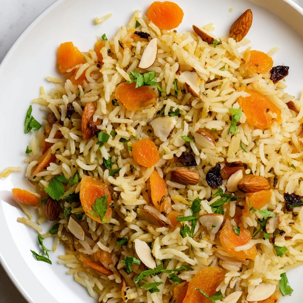 Golden Afghan rice crowned with caramelized carrots, plump raisins, and fragrant warm spices