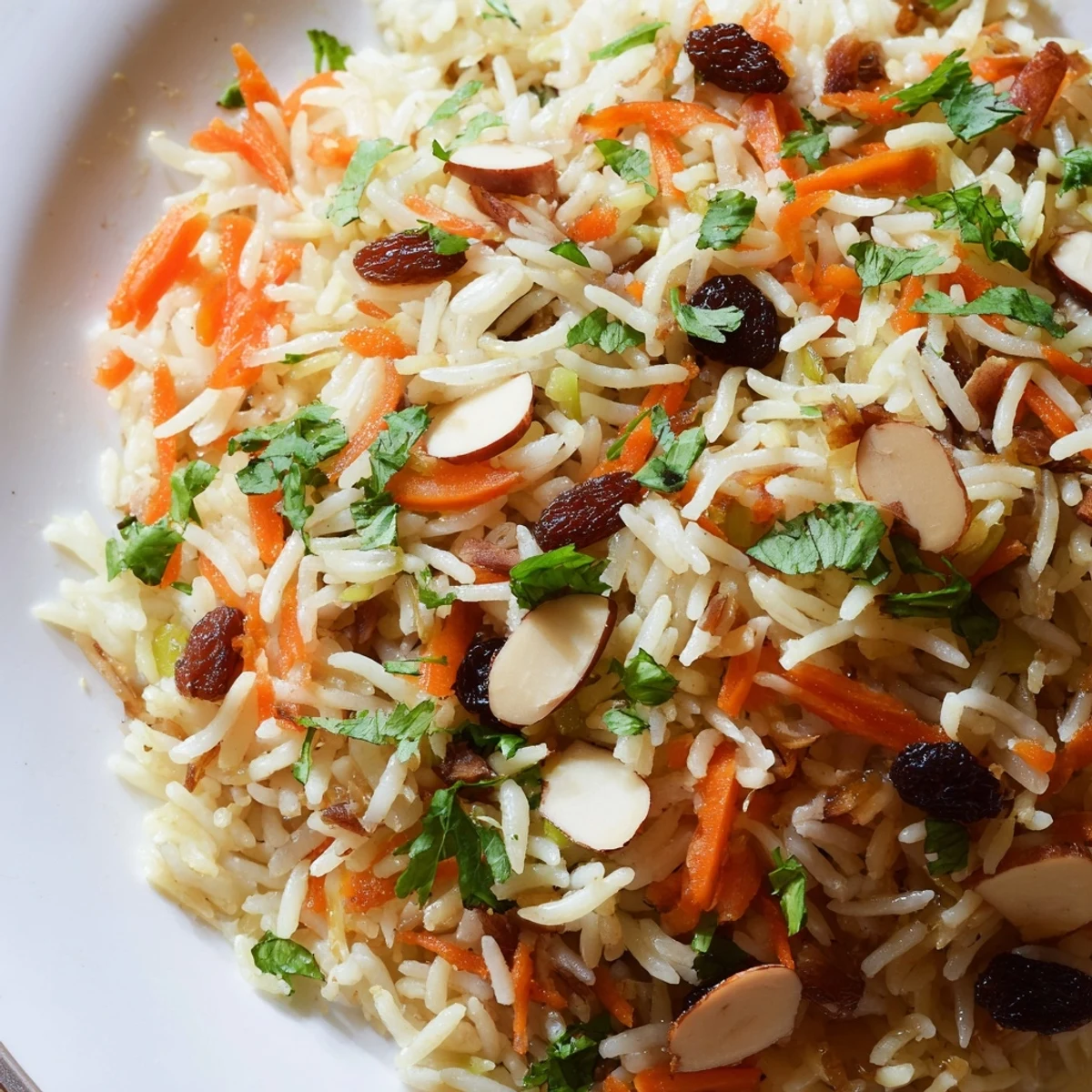 Fluffy Afghan rice studded with sweet raisins and julienne carrots in a traditional serving bowl