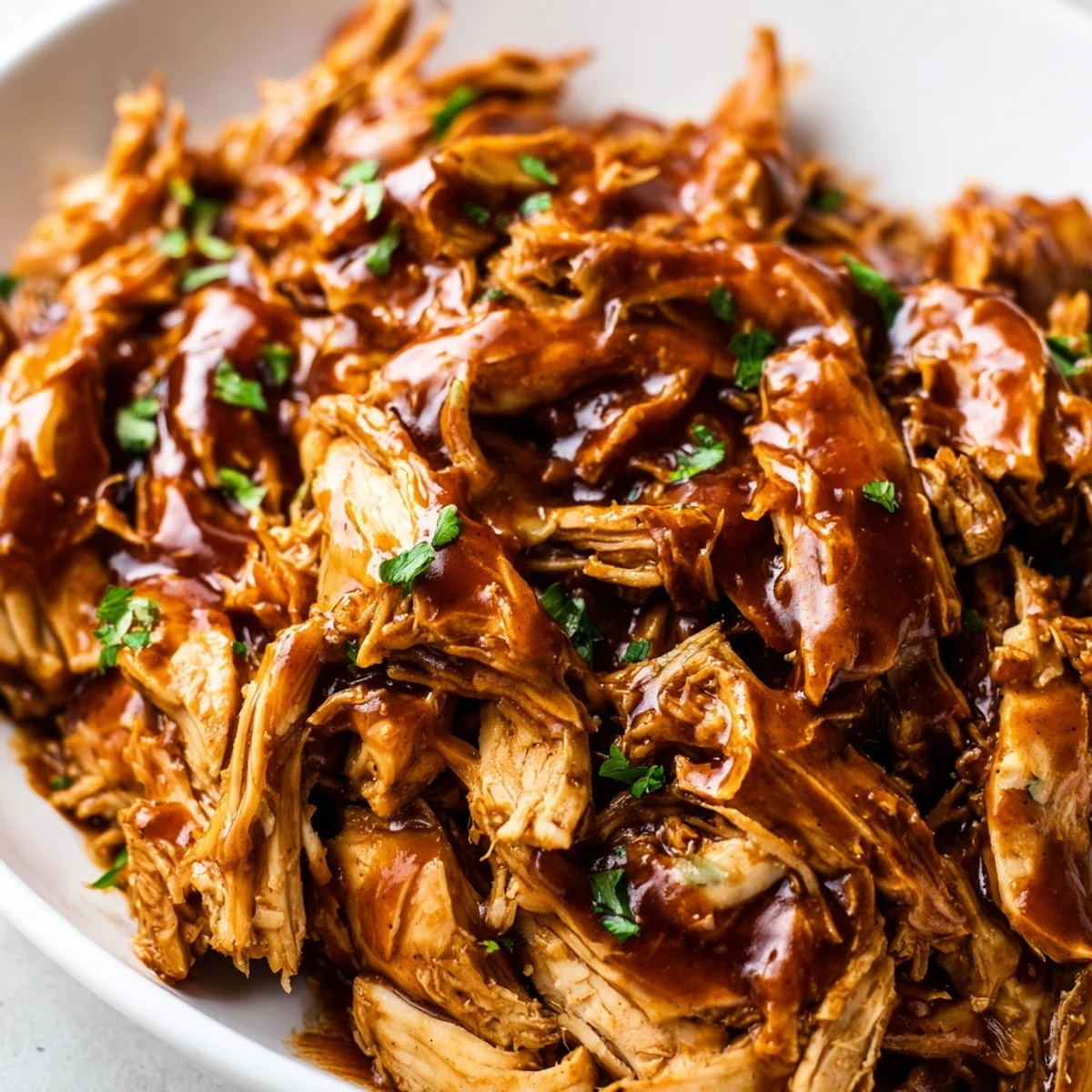 Juicy shredded Sweet Baby Ray's Crockpot Chicken dripping with glossy honey BBQ sauce