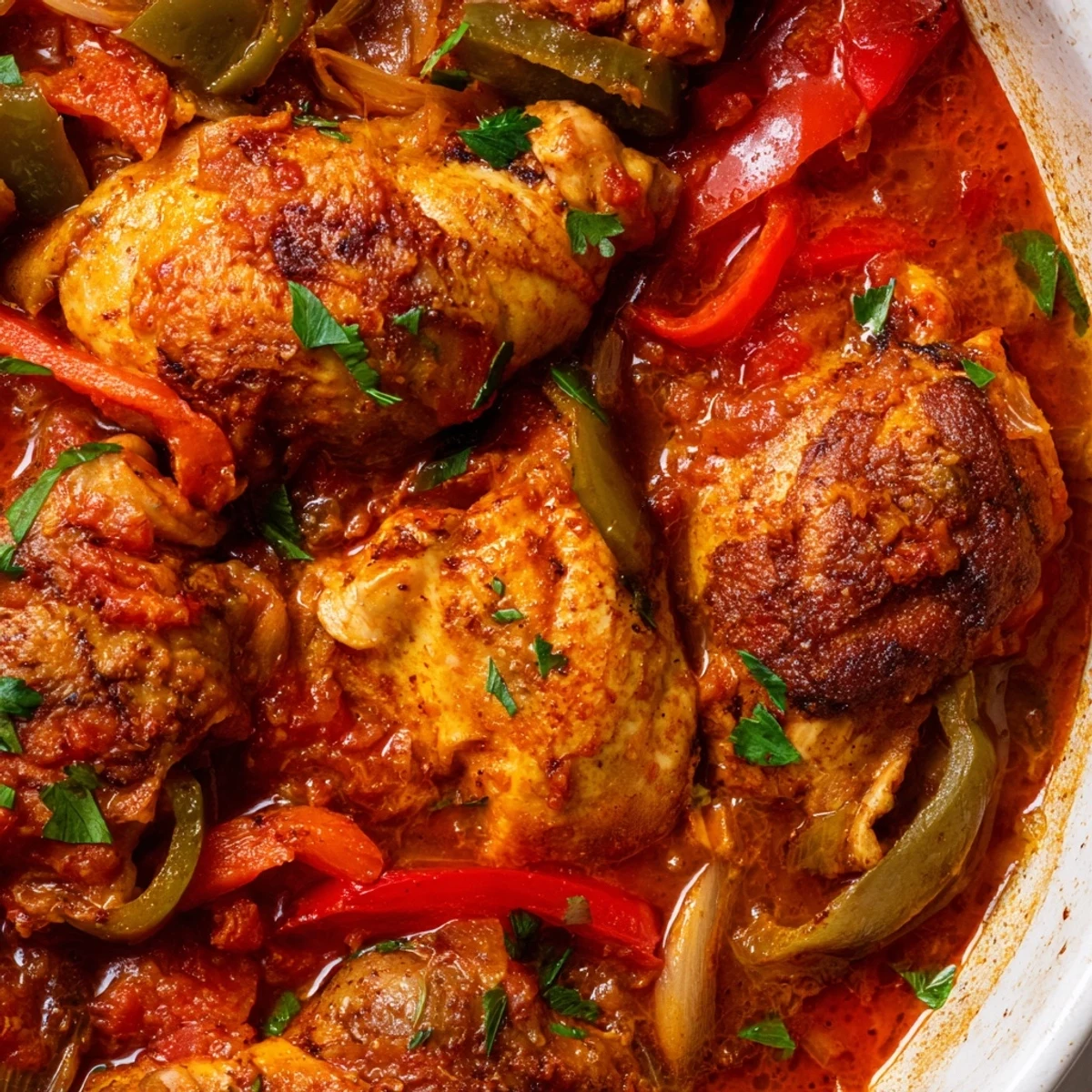 Senegalese chicken simmered in rich tomato sauce with colorful bell peppers